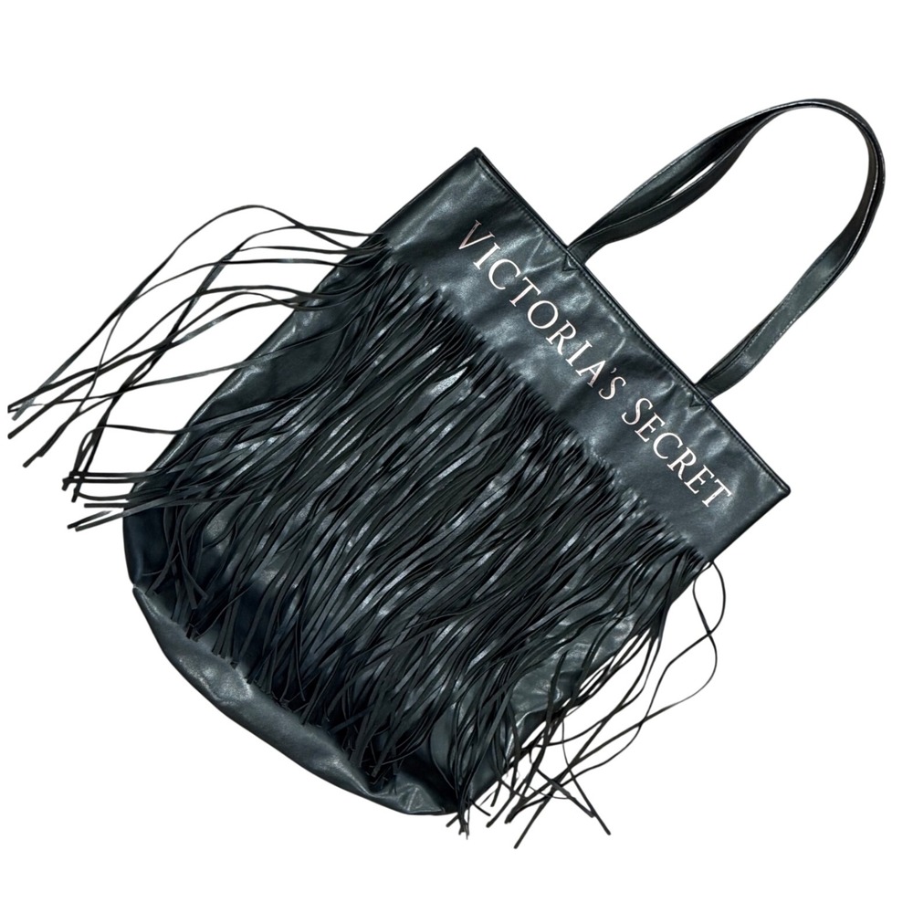 Victoria's Secret Black Faux Leather Fringe Tote Bag Boho Western